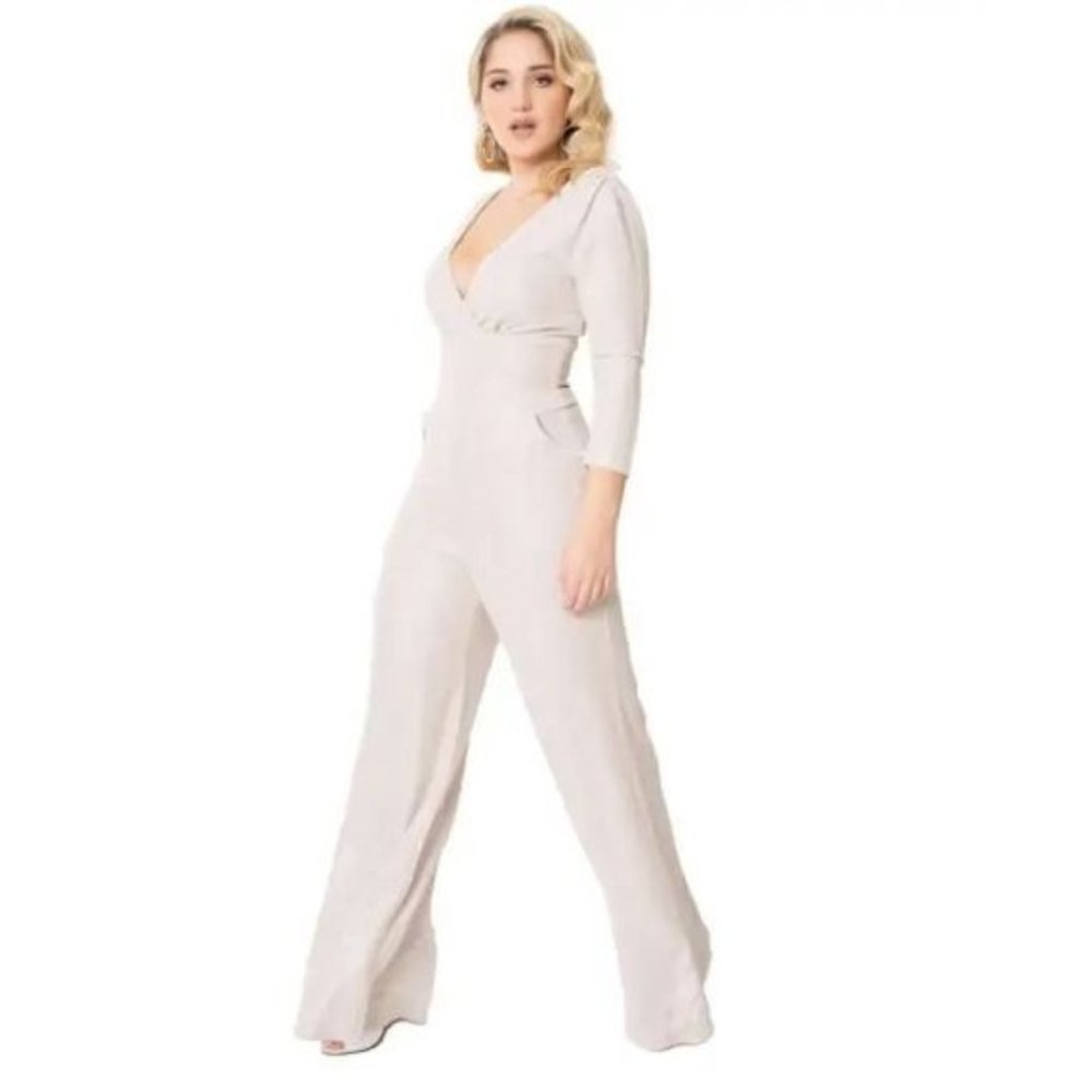 Unique Vintage Silver Sparkle Gloria Jumpsuit 3/4 Sleeve Medium Womens NWT